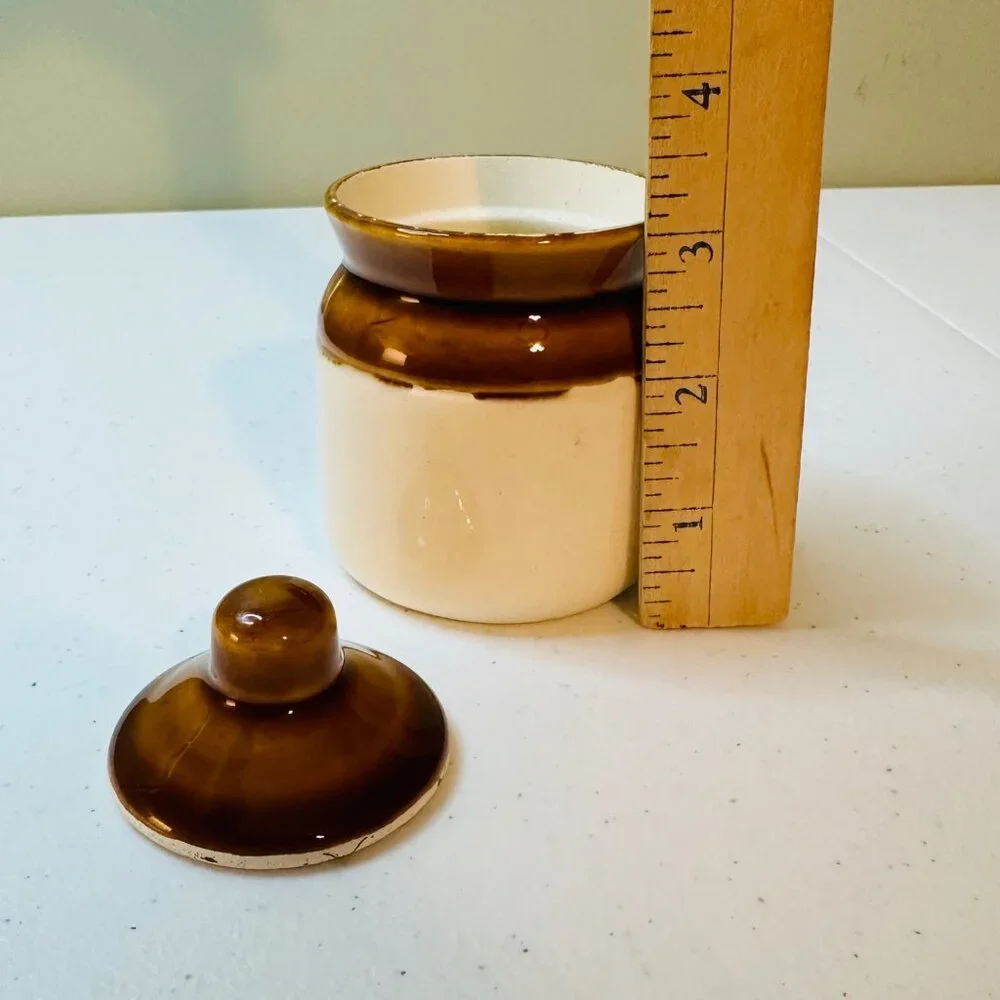 Small Brown and Off-white Ceramic Stoneware Jar With Lid Vintage look Farmhouse